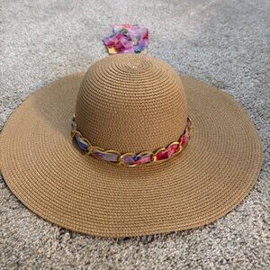 NEW Indigo Soul Sun Beach Wide Brim Floppy Hat w/Chain & Ribbon Braid